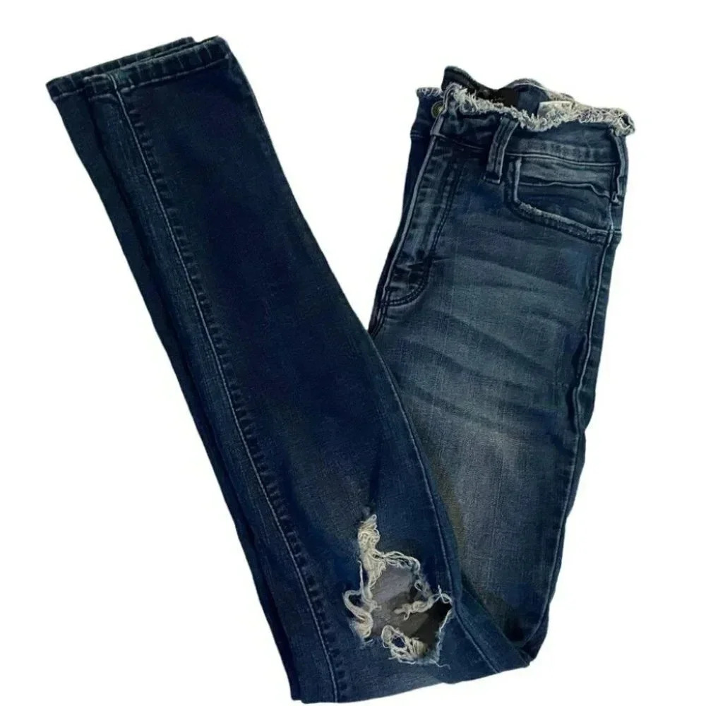 KanCan Skinny Jeans Size 25 Dark Wash Distressed High Rise‎ Frayed Waist KC8291D